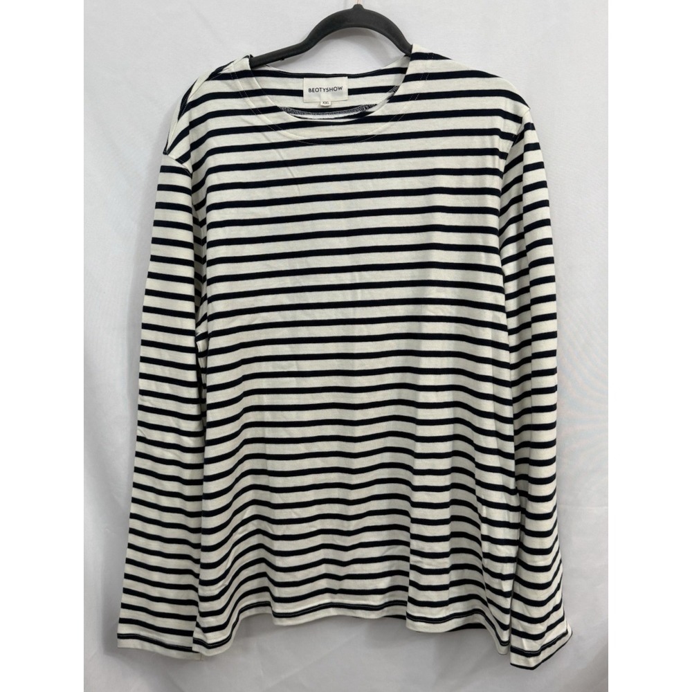 Beotyshow Navy White Stripe Crew Neck Long‎ Sleeve Top 100% Cotton. Womens  XXL